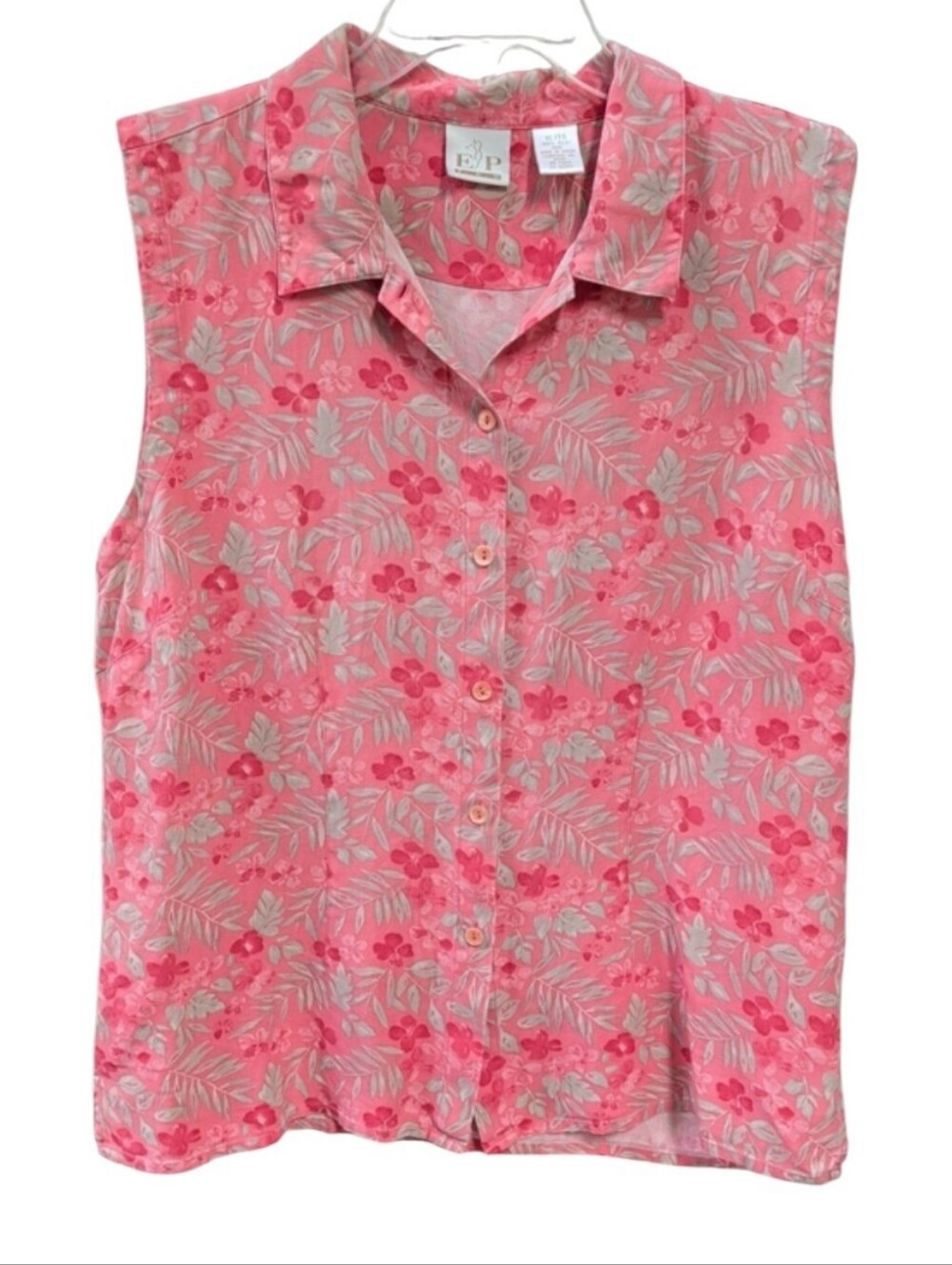 E P Pro, Coral / Salmon Floral Sleeveless Button Down Silk Golf Top. XL